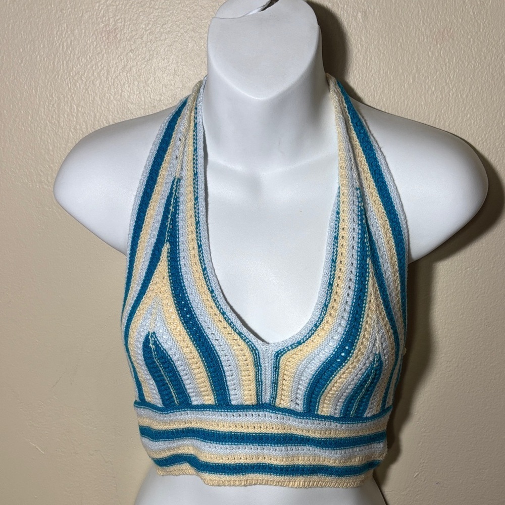 Stylish Striped Halter Crop Top - Blue and Cream